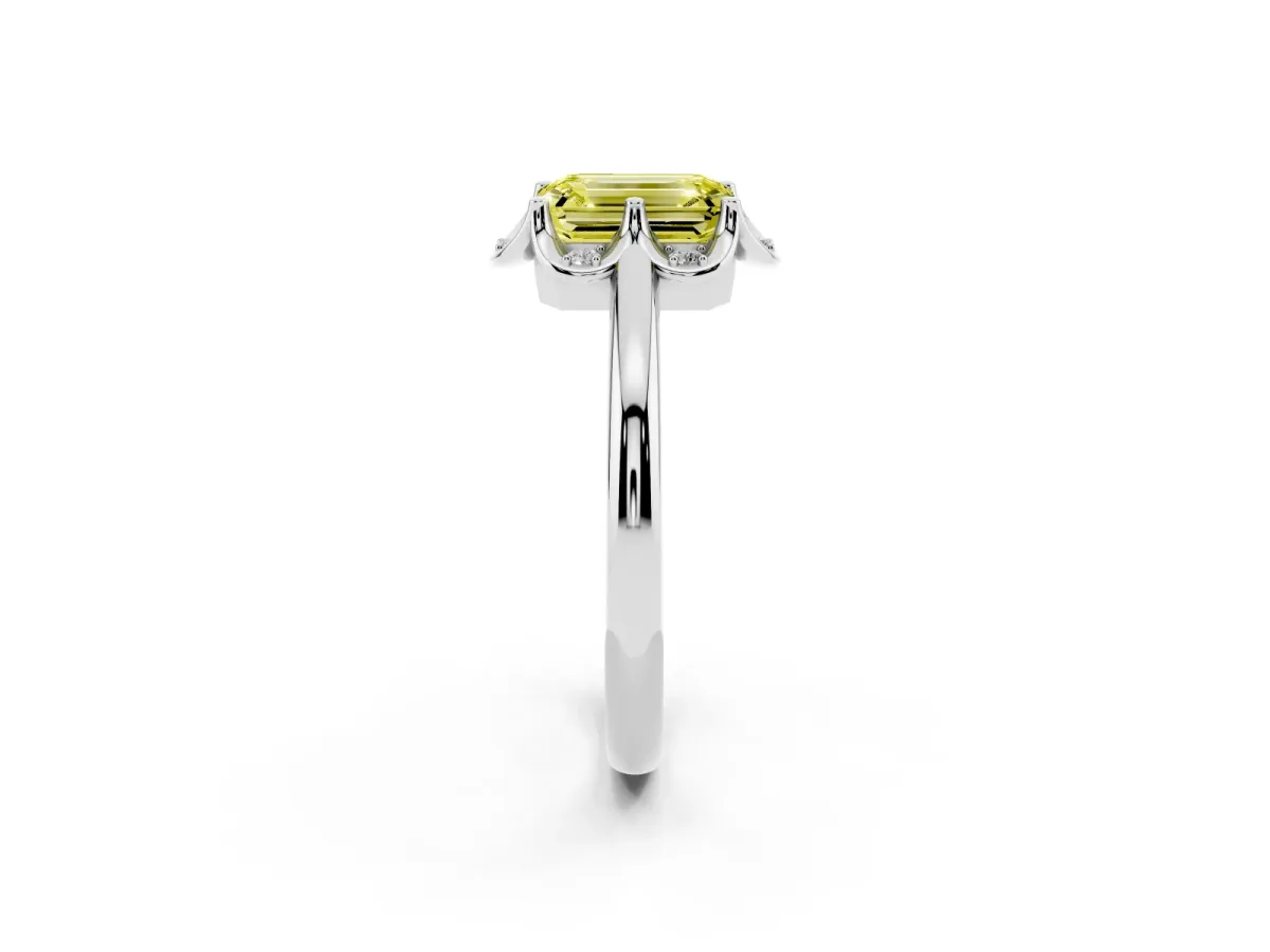 Fancy Yellow Emerald Cut Halo Diamond Ring with Round Cluster Setting, Solitaire Band, and Four-Prong Setting Silver