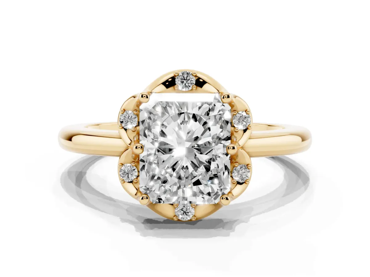 Radiant Cut Halo Diamond Ring with Round Cluster Setting, Solitaire Band, and Four-Prong Setting Yellow gold