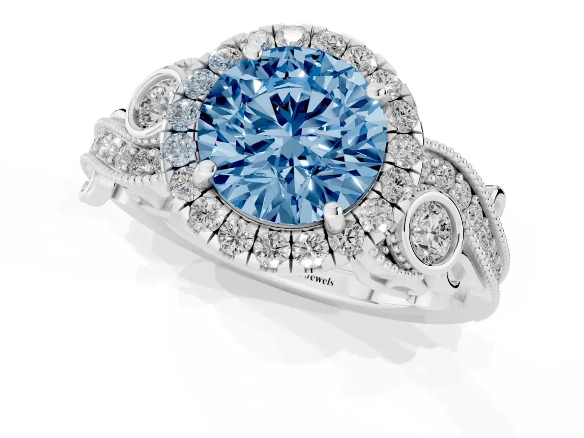 Fancy Blue Round Cut Halo Diamond Ring with Milgrain and Bezel Accents on a Split Shank Band White gold