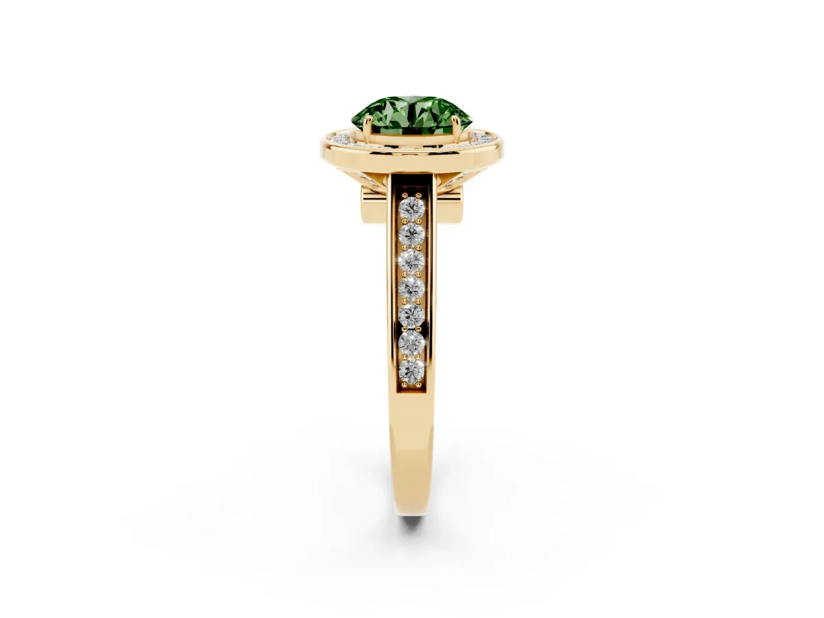 Fancy Green Round Cut Halo Solitaire Diamond Ring with Pave Band and Bezel Setting Yellow gold