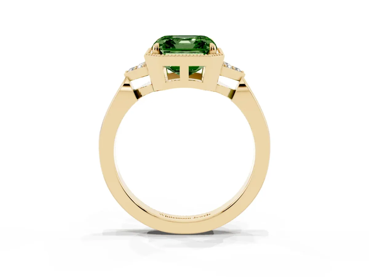 Fancy Green Milgrain Asscher Cut Cut Diamond Ring with Tapered Pave Band and Four Prong Setting Yellow gold