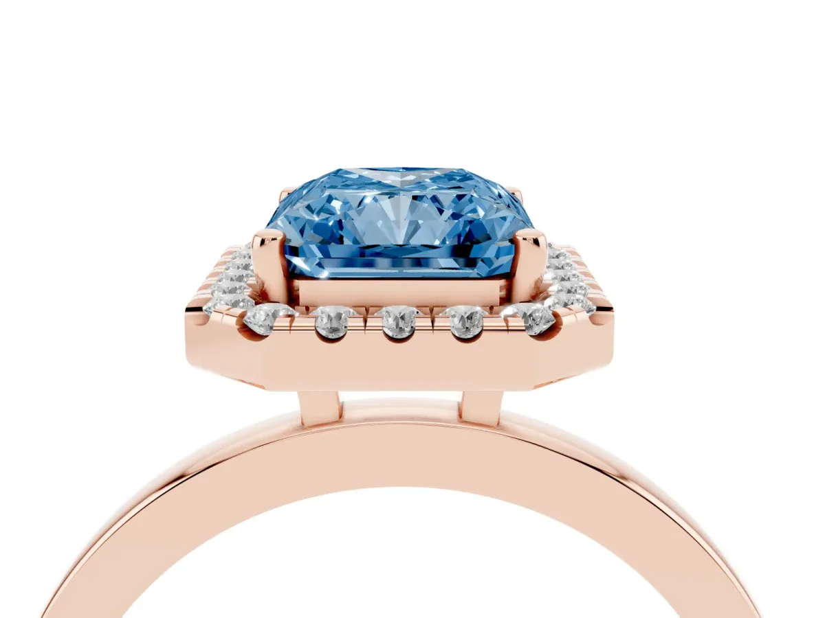 Fancy Blue Radiant Cut Halo Diamond Solitaire with Pavé Band and Four-Prong Setting Rose gold