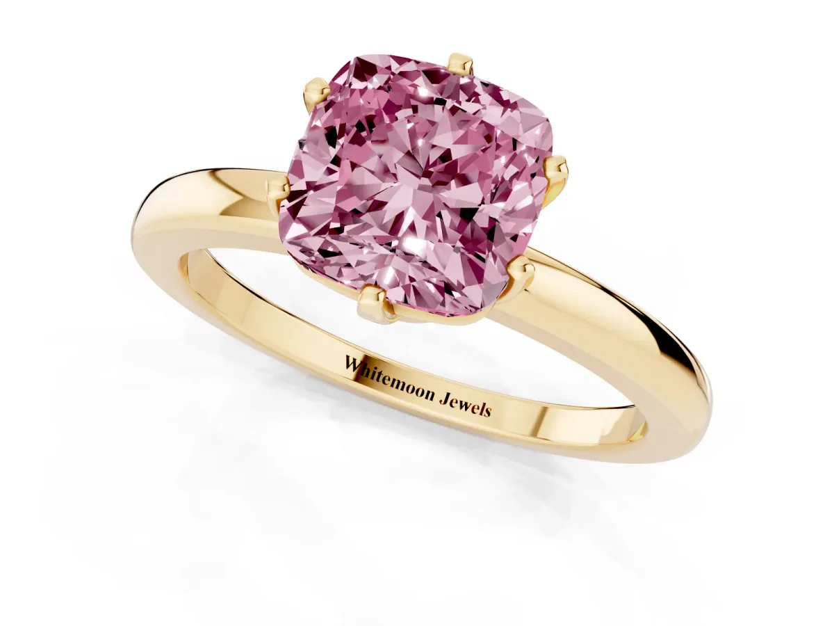 Fancy Pink Cushion Cut Solitaire Diamond Ring with Six-Prong Setting on a Classic Band Yellow gold
