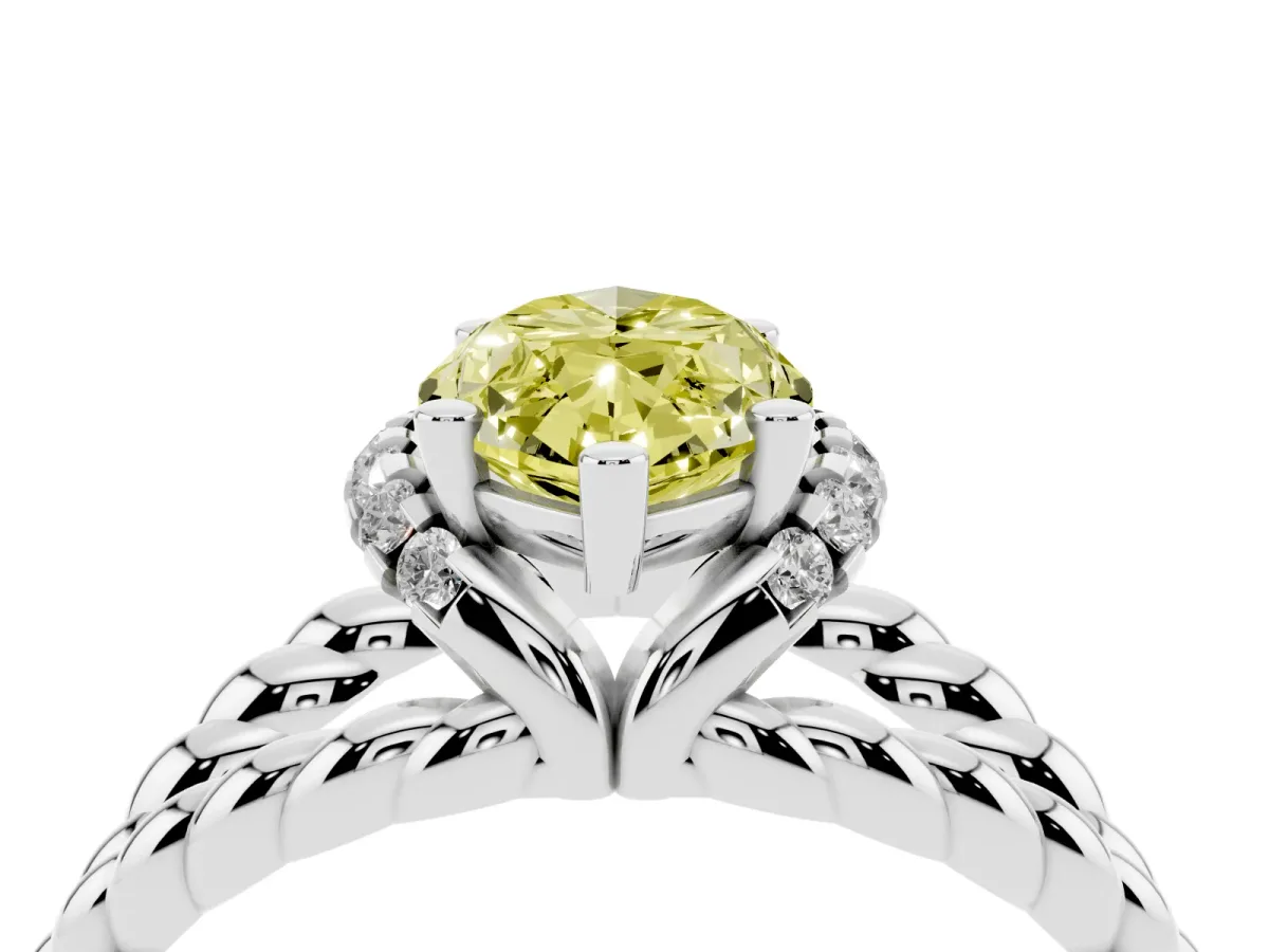 Fancy Yellow Marquise Cut Halo Twisted Band Four-Prong Ring Platinum