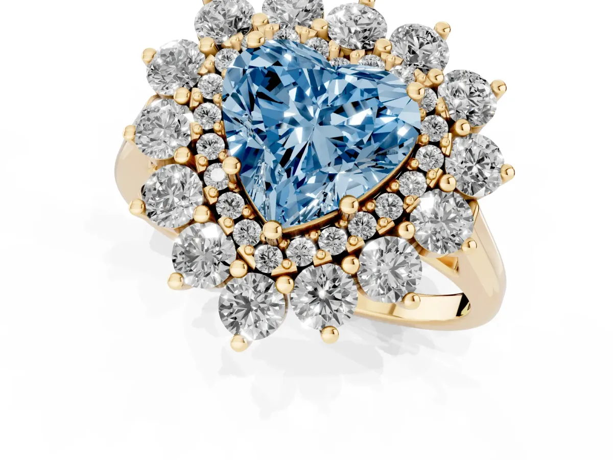 Fancy Blue Heart Cut Diamond Floral Double Halo Engagement Ring with Prong Setting Yellow gold