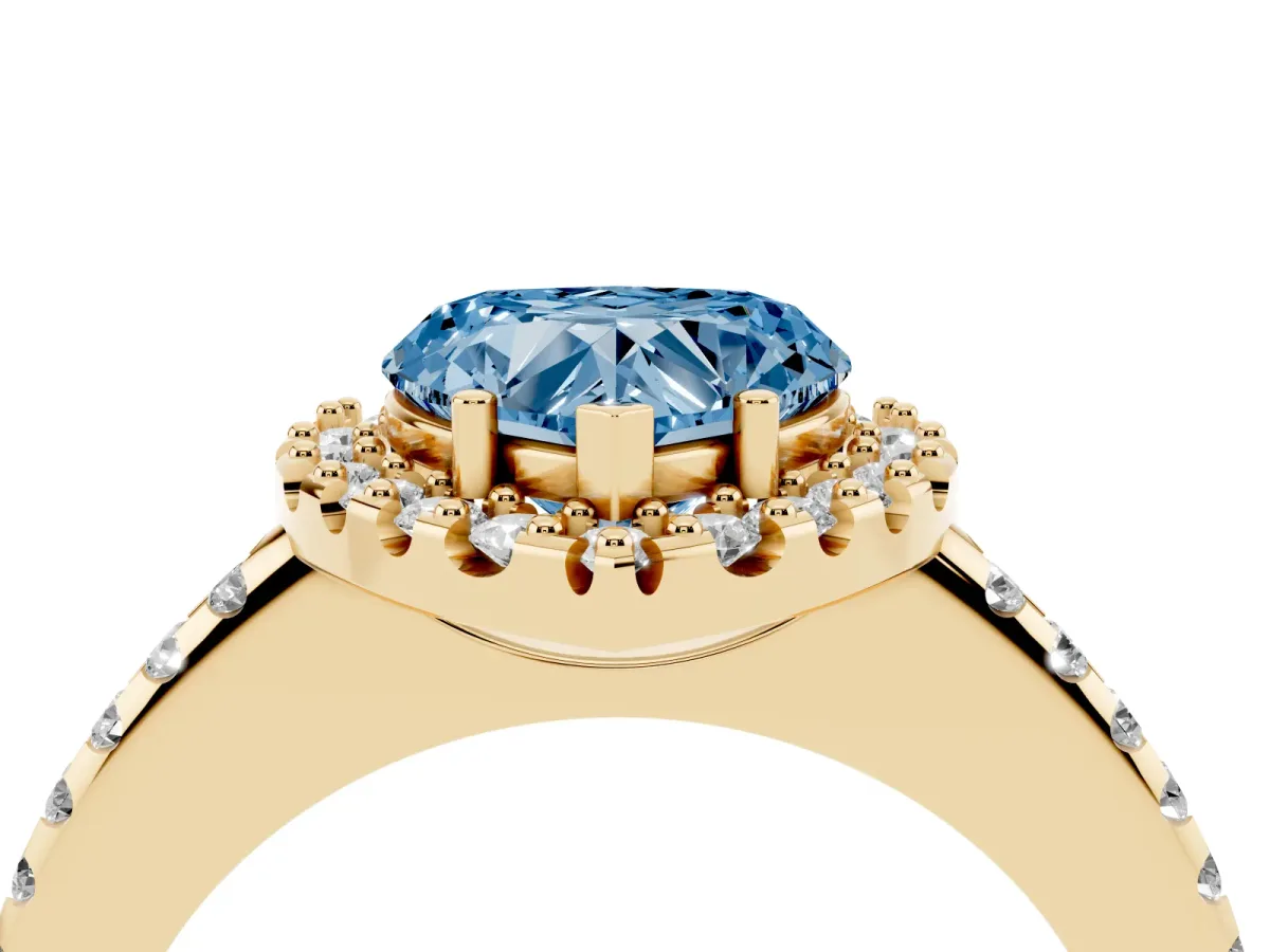 Fancy Blue Heart Cut Diamond Pavé Halo Ring with Four-Prong Setting Yellow gold