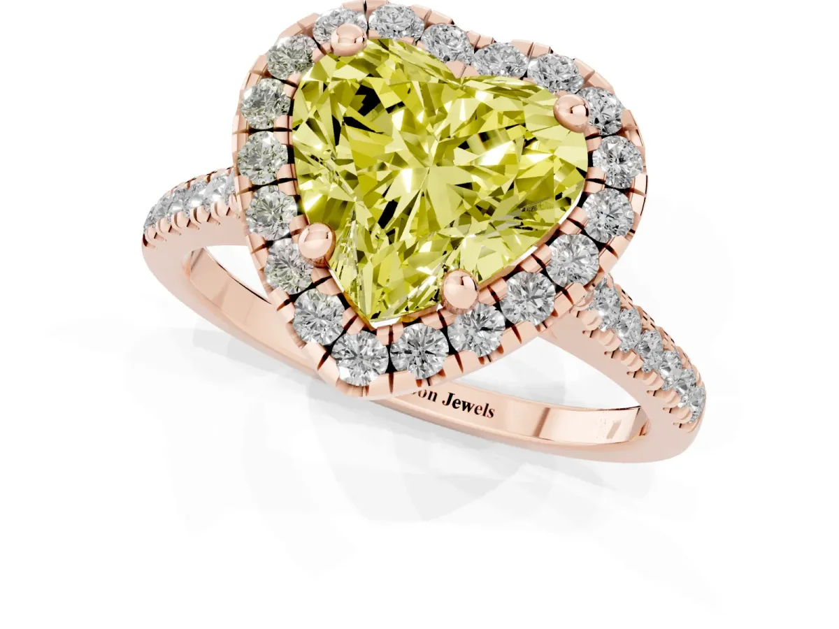 Fancy Yellow Heart Cut Diamond Cushion Halo Ring with Pavé Band Rose gold