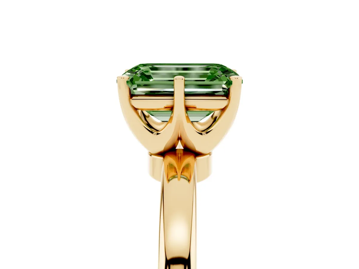 Fancy Green Emerald Cut Solitaire Diamond Ring with Six-Prong Setting on a Classic Band Yellow gold