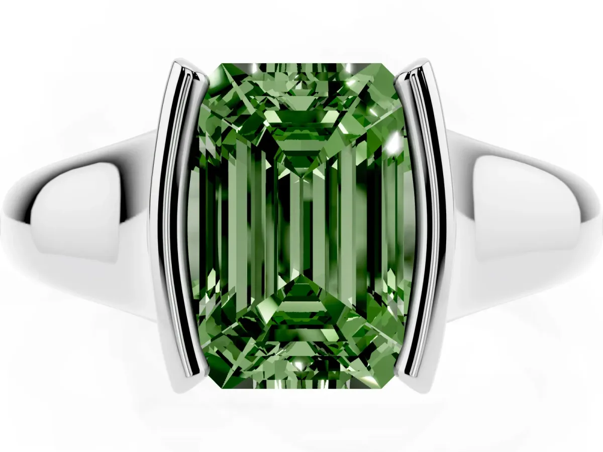 Fancy Green Emerald Cut Solitaire Tension Set Diamond Ring with Split Shank Band Silver