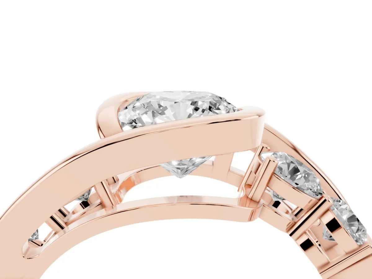 Bezel Set Cushion Cut Diamond Bypass Ring with Round Accents Rose gold