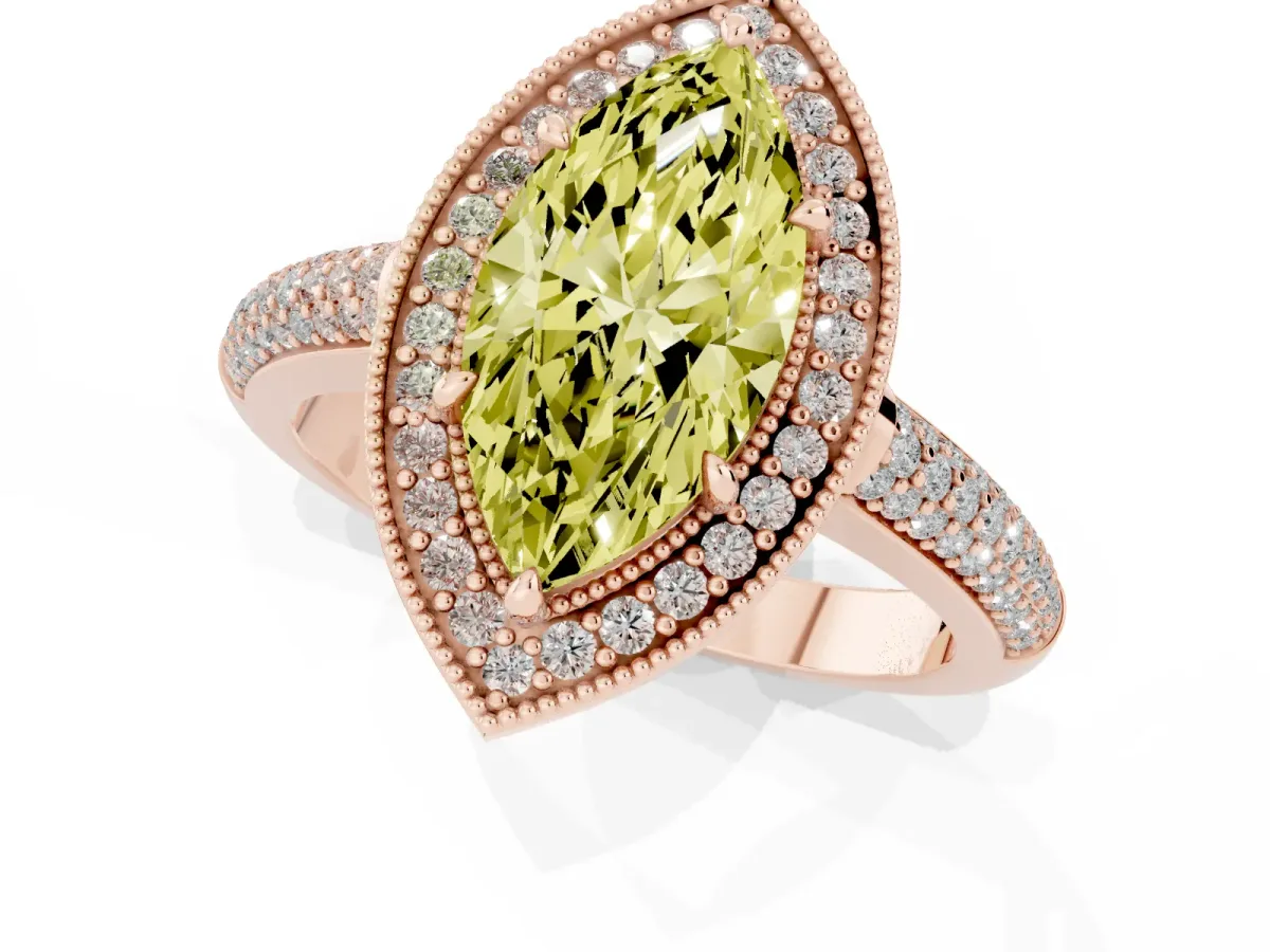Fancy Yellow Marquise Cut Cut Halo Diamond Pave Band with Four-Prong Setting Rose gold