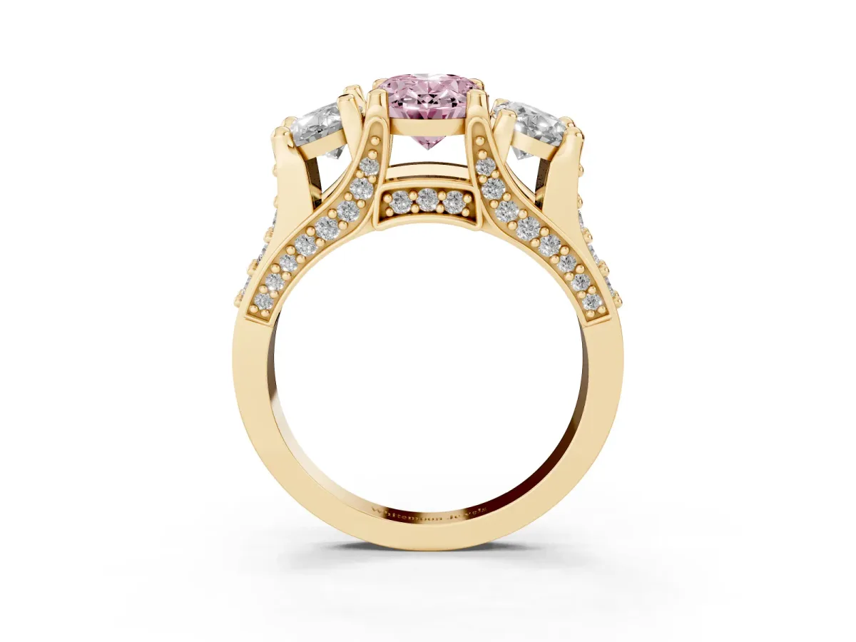 Fancy Pink Oval Cut Diamond Three-Stone Ring with Channel Set Band and Four-Prong Setting Yellow gold