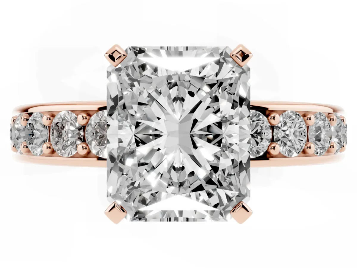 Radiant Cut Diamond Engagement Ring with Channel Set Round Band and Prong Setting Rose gold