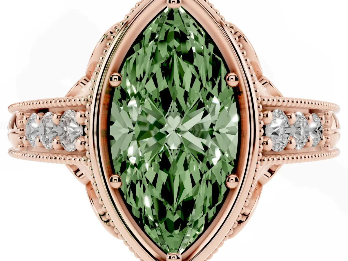 Fancy Green Bezel Set Marquise Cut Diamond Milgrain Pave Engagement Ring Rose gold