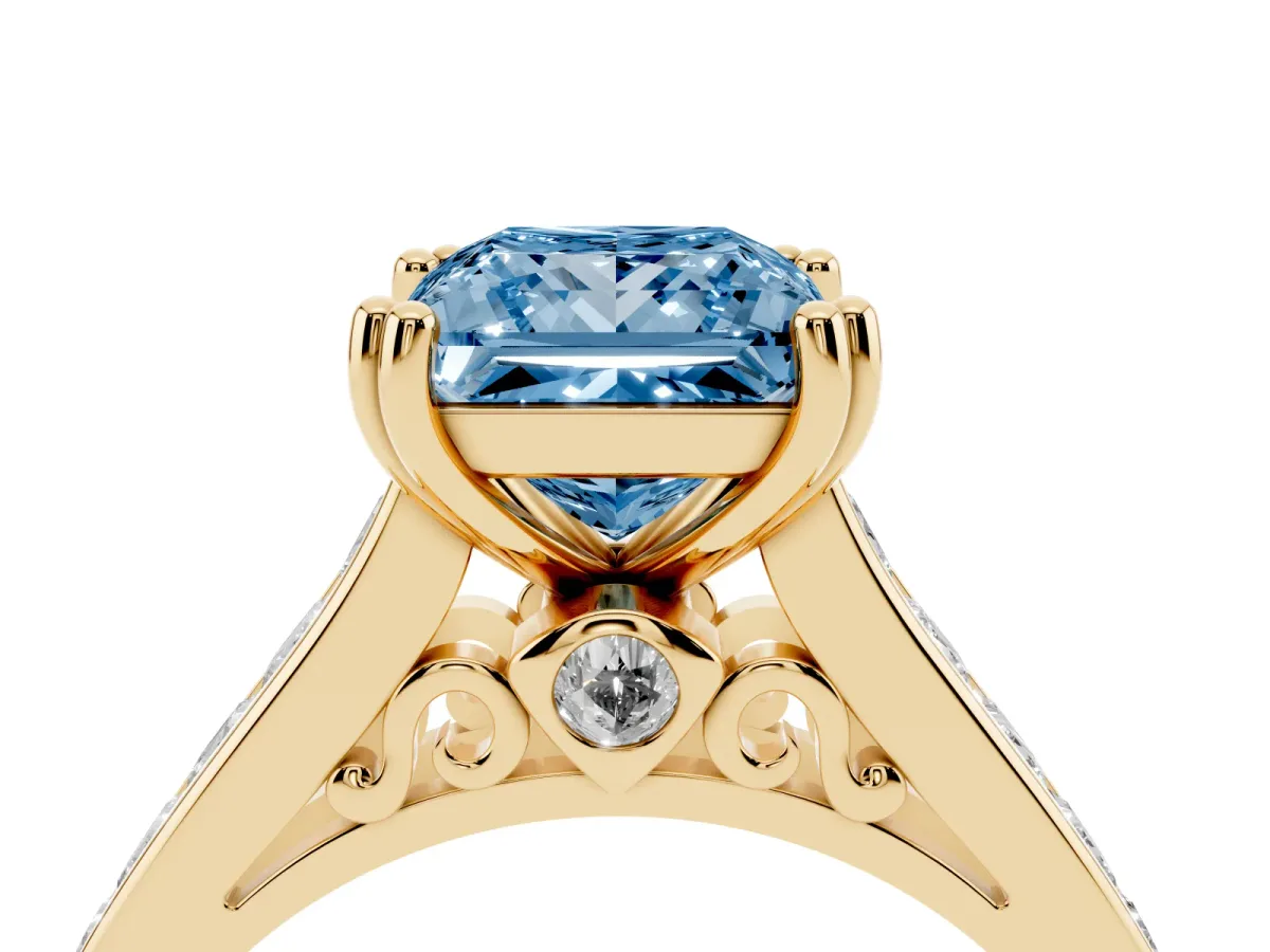 Fancy Blue Princess Cut Cut Channel Set Solitaire Engagement Ring with Prong Setting Yellow gold
