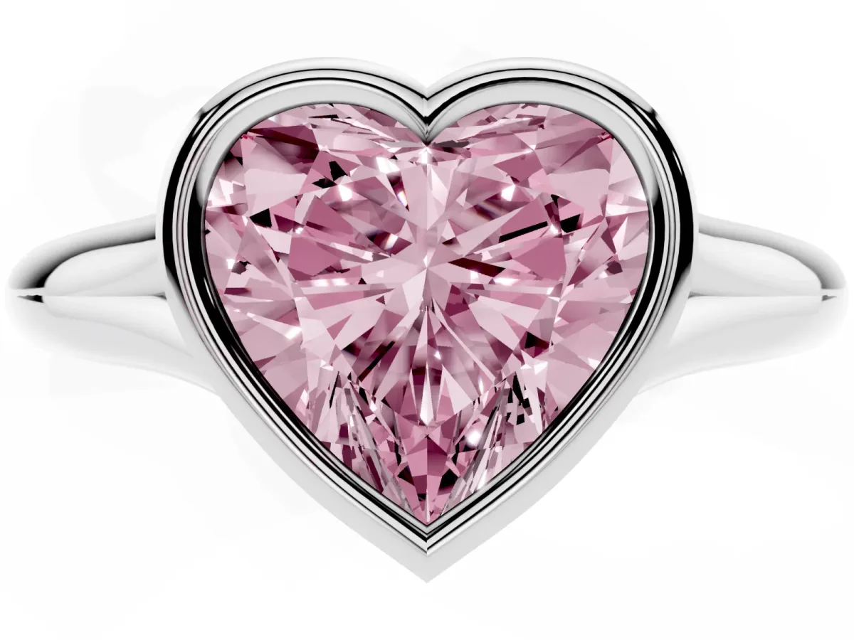 Fancy Pink Bezel Set Heart Cut Solitaire Diamond Ring with Smooth Band Platinum