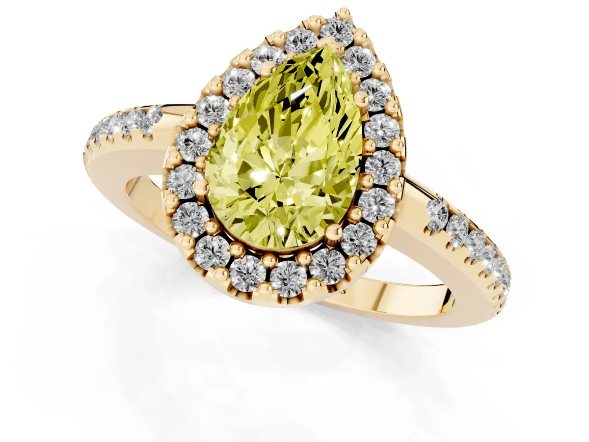 Fancy Yellow Pear Cut Diamond Pavé Halo Ring with Four-Prong Setting Yellow gold