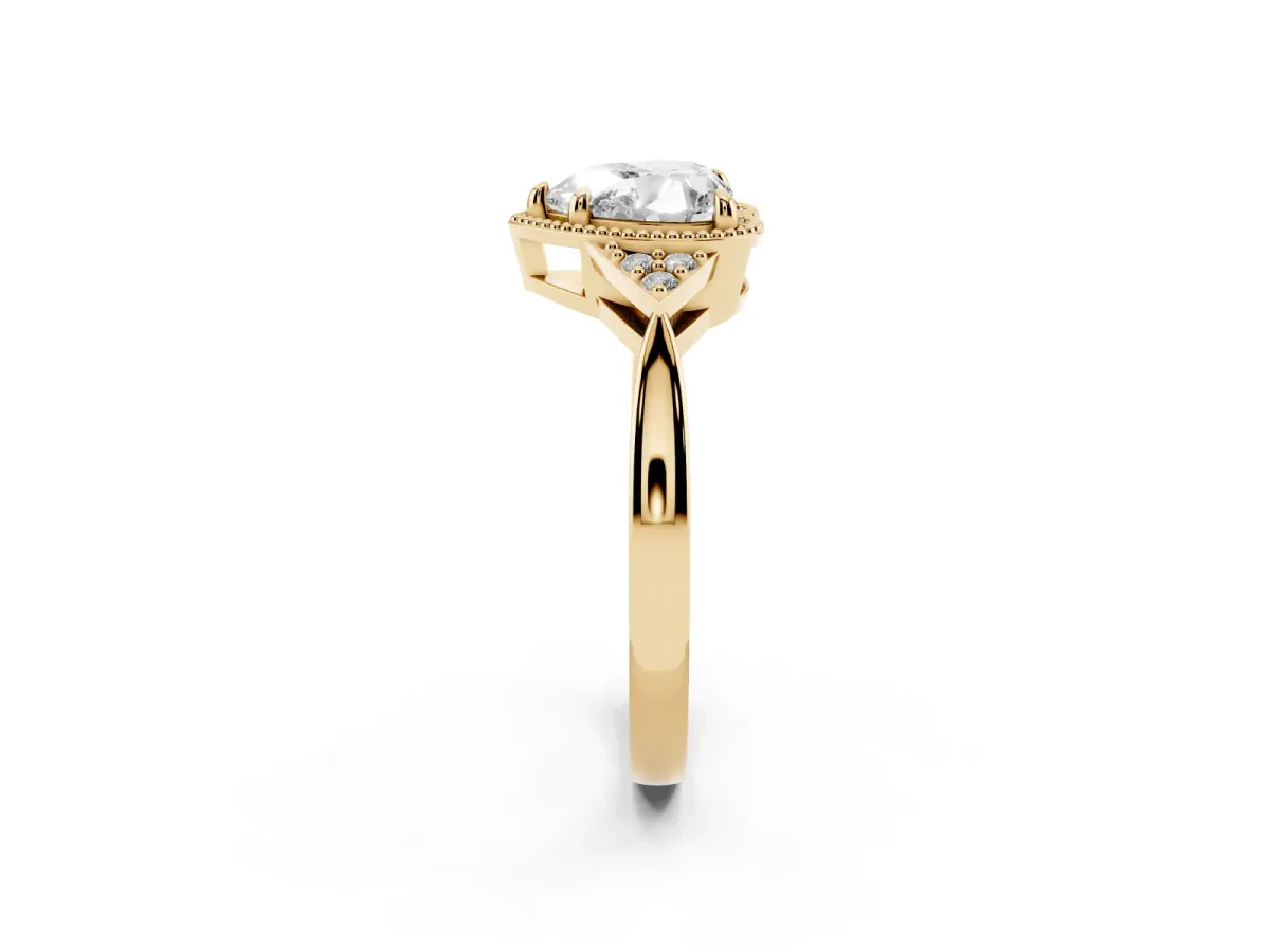 Hexagonal Halo Heart Cut Diamond Solitaire with Pavé Band and Four-Prong Setting Yellow gold