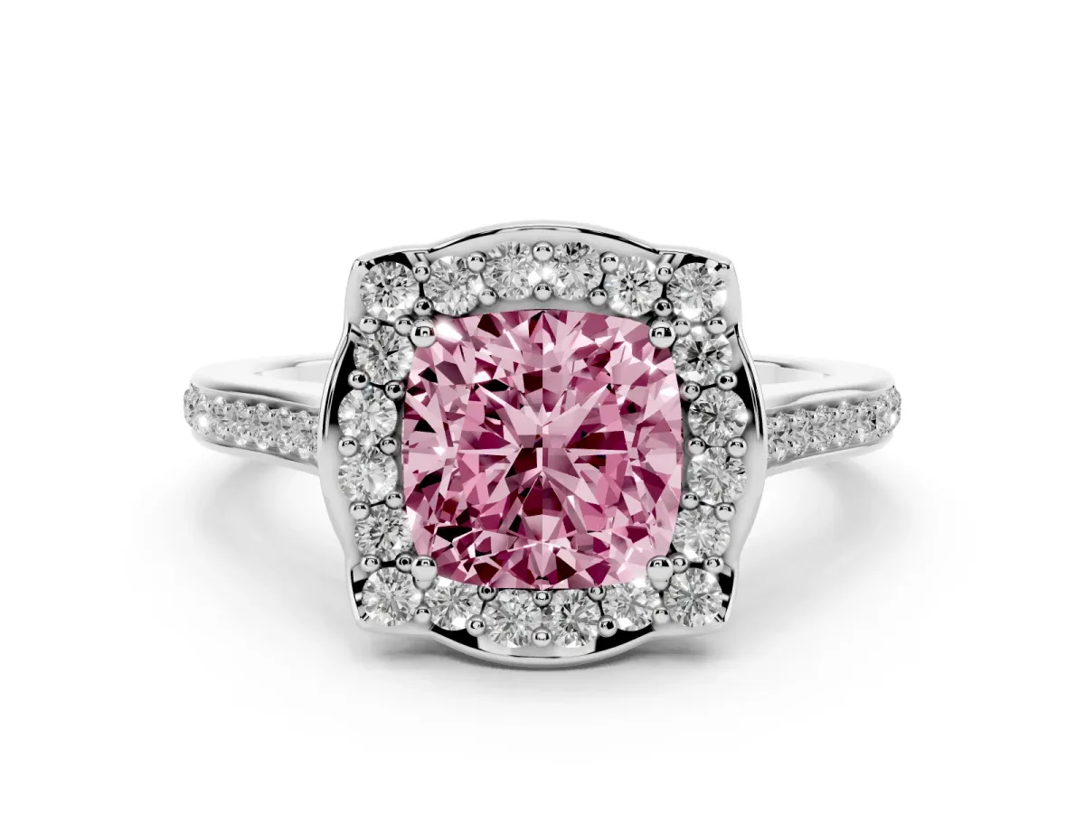Fancy Pink Cushion Cut Halo Round Diamond Pave Band with Four-Prong Setting Platinum