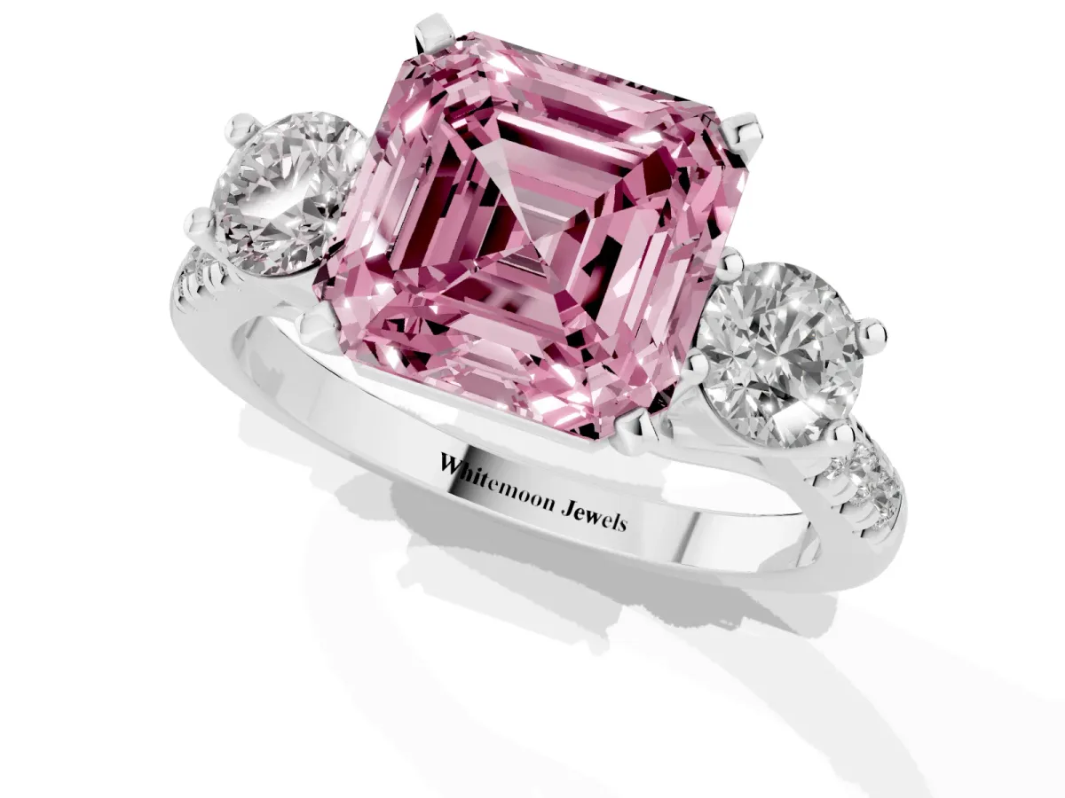 Fancy Pink Three-Stone Asscher Cut Diamond Pavé Band with Four-Prong Setting Platinum