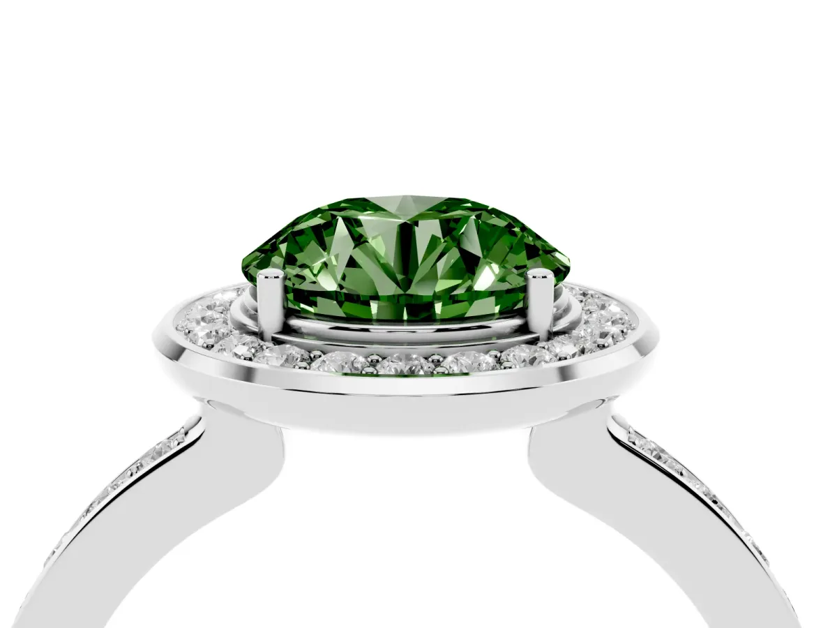 Fancy Green Round Cut Diamond Halo Ring with Bezel Frame and Pavé Band Silver