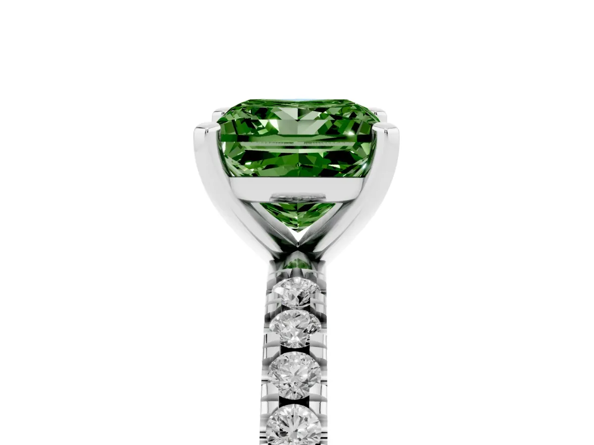 Fancy Green Princess Cut Diamond Pavé Band Solitaire with Four-Prong Setting White gold