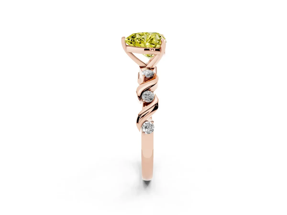 Fancy Yellow Heart Cut Diamond Solitaire Twisted Band with Round Accents and Prong Setting Rose gold