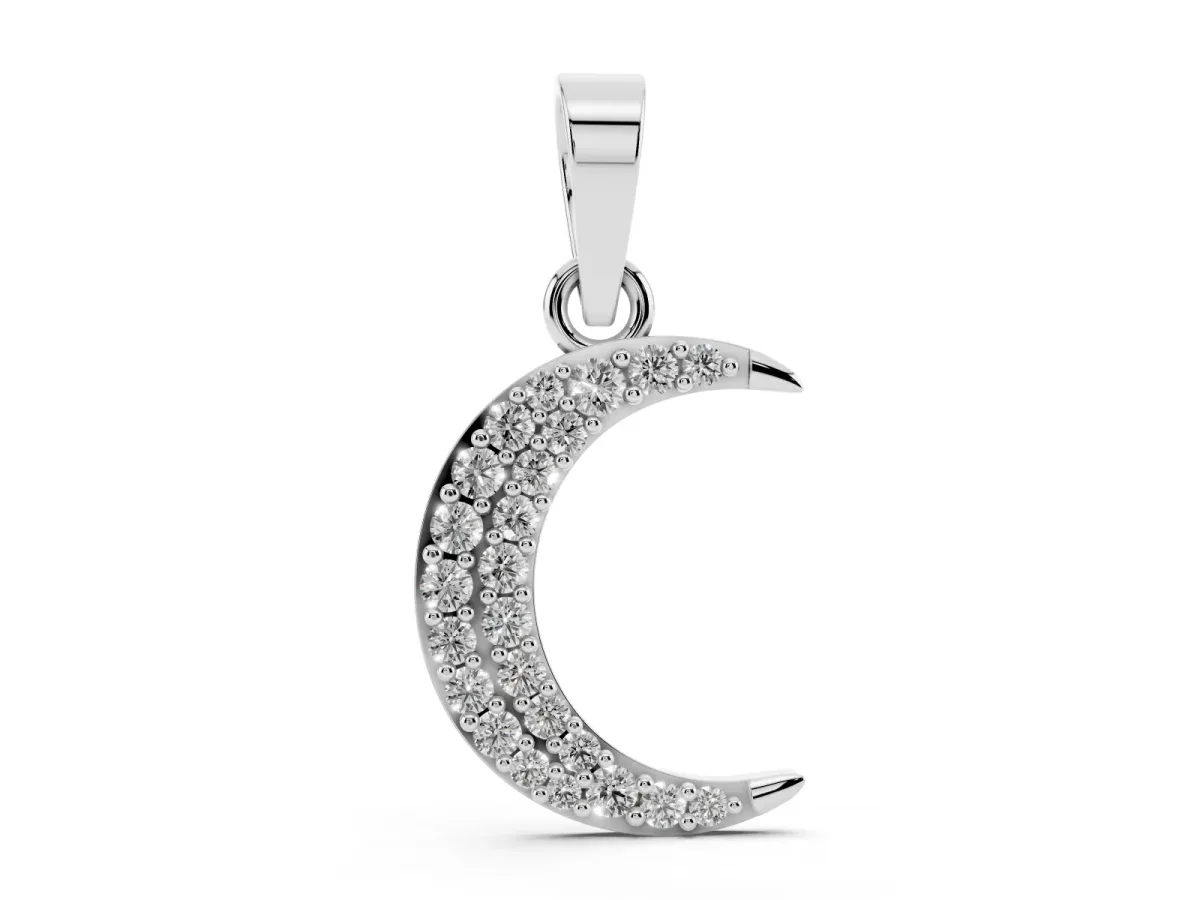 Pavé Round Diamond Crescent Pendant with Four-Prong Setting Silver