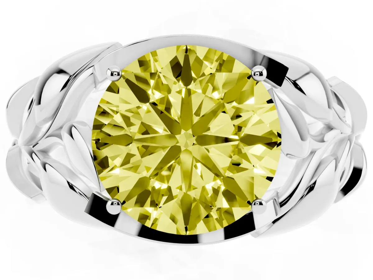 Fancy Yellow Round Cut Diamond Leaf-Inspired Engagement Ring with Round Accents and Prong Setting Platinum