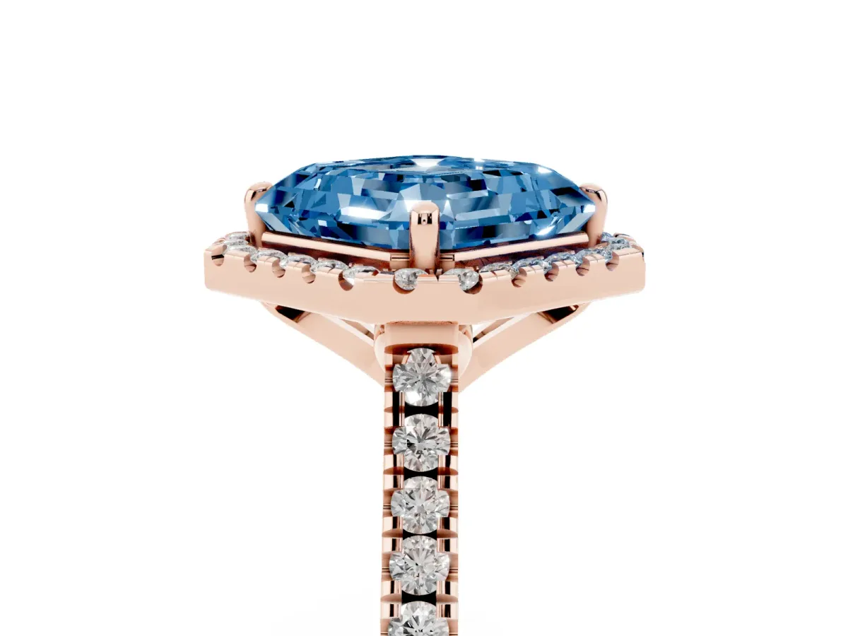 Fancy Blue Asscher Cut Diamond Cushion Halo Ring with Pavé Band Rose gold