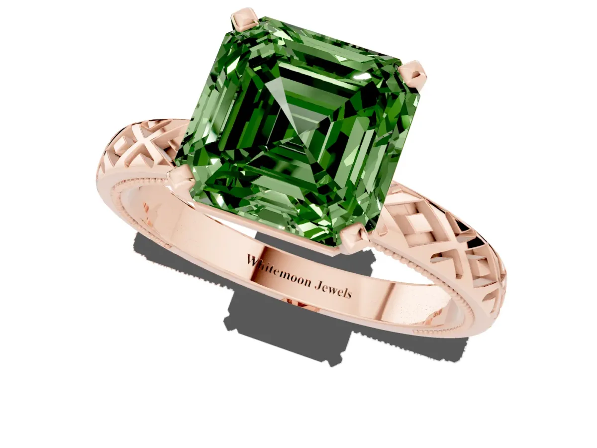 Fancy Green Asscher Cut Solitaire Diamond Ring with Milgrain and Black Enamel X Pattern Band Rose gold