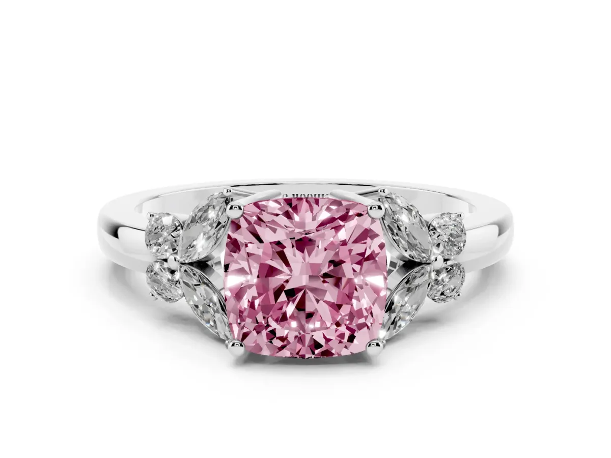 Fancy Pink Cushion Cut Cut Solitaire Floral Diamond Ring with Four-Prong Setting Silver