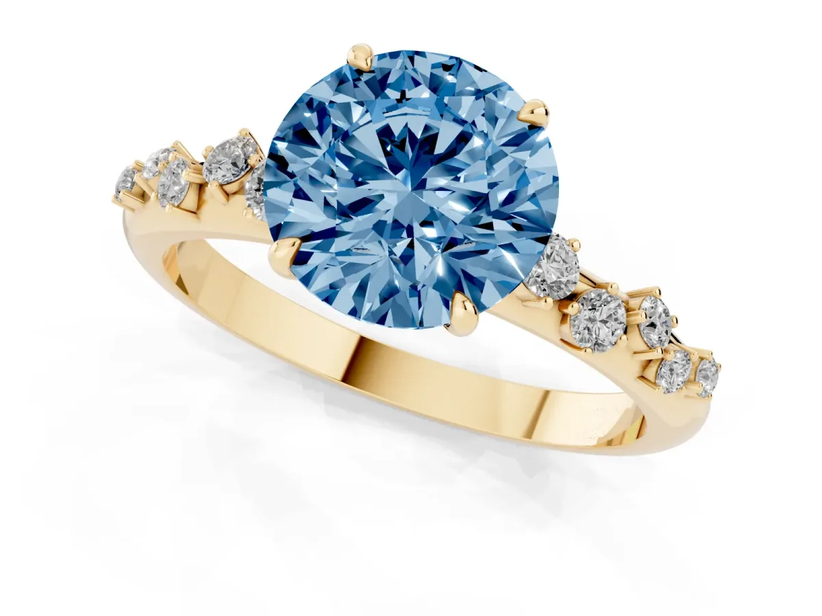 Fancy Blue Round Cut Diamond Cluster Prong-Set Solitaire Ring Yellow gold