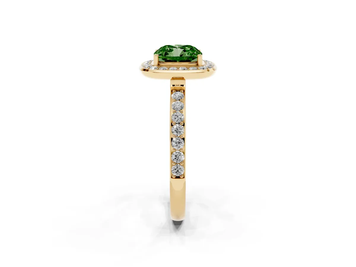 Fancy Green Cushion Cut Diamond Halo Ring with Bezel Frame and Pavé Band Yellow gold