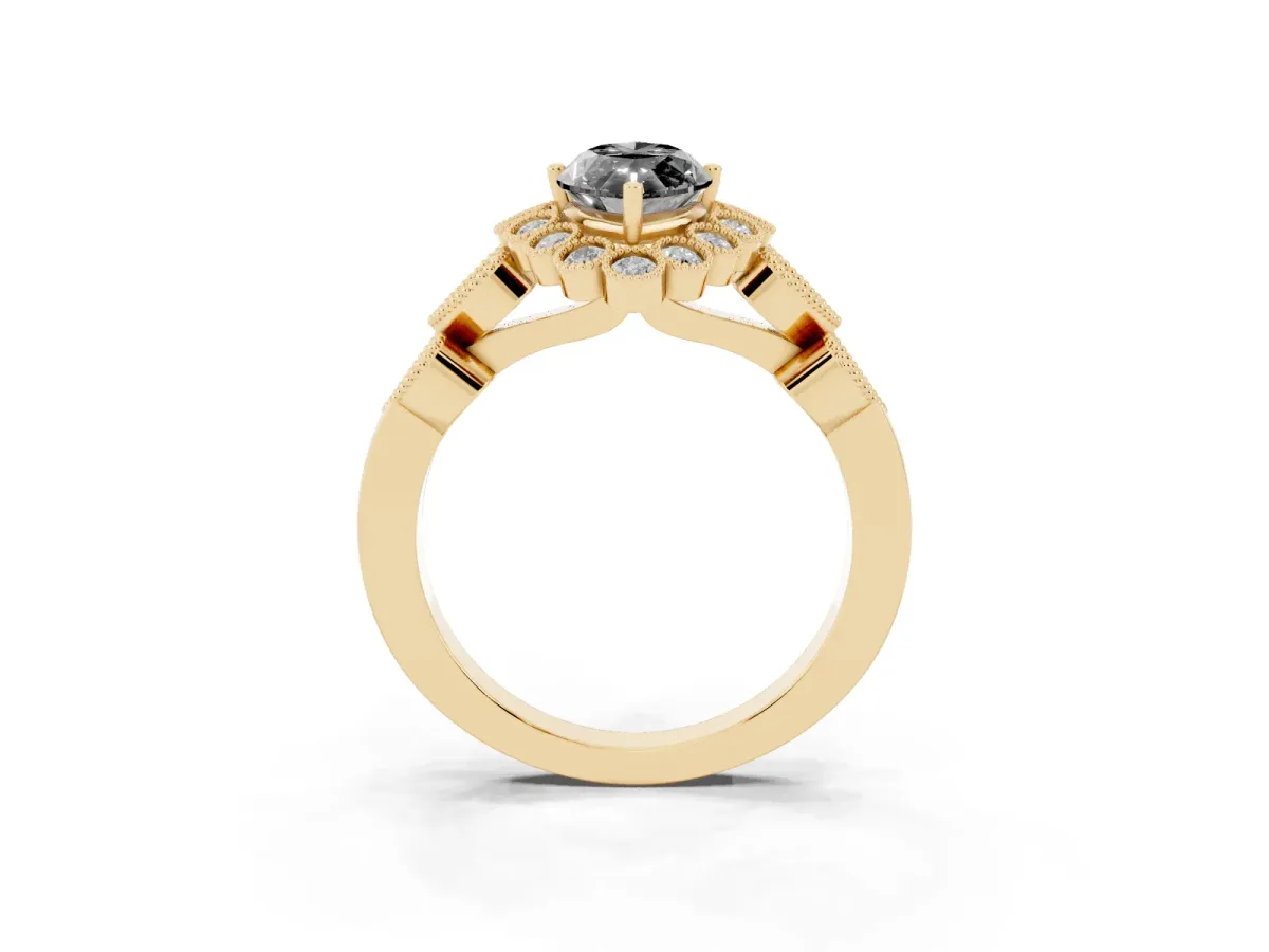 Fancy Black Marquise Cut Brilliant Milgrain Pave Heart Band Solitaire Ring Yellow gold