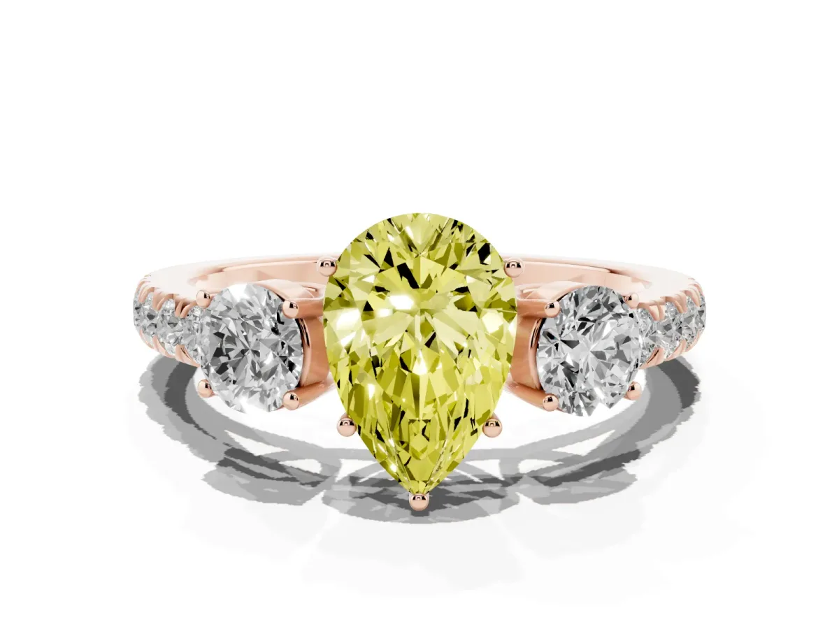 Fancy Yellow Pear Cut Cut Diamond Three-Stone Ring with Round Side Stones and Pavé Band Rose gold