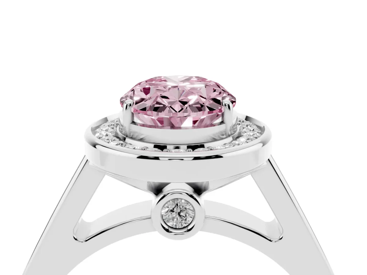 Fancy Pink Oval Cut Halo Solitaire Diamond Ring with Pave Band and Bezel Setting Silver