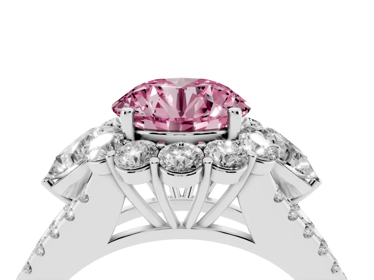 Fancy Pink Round Cut Halo Split Shank Diamond Engagement Ring with Prong Setting Platinum