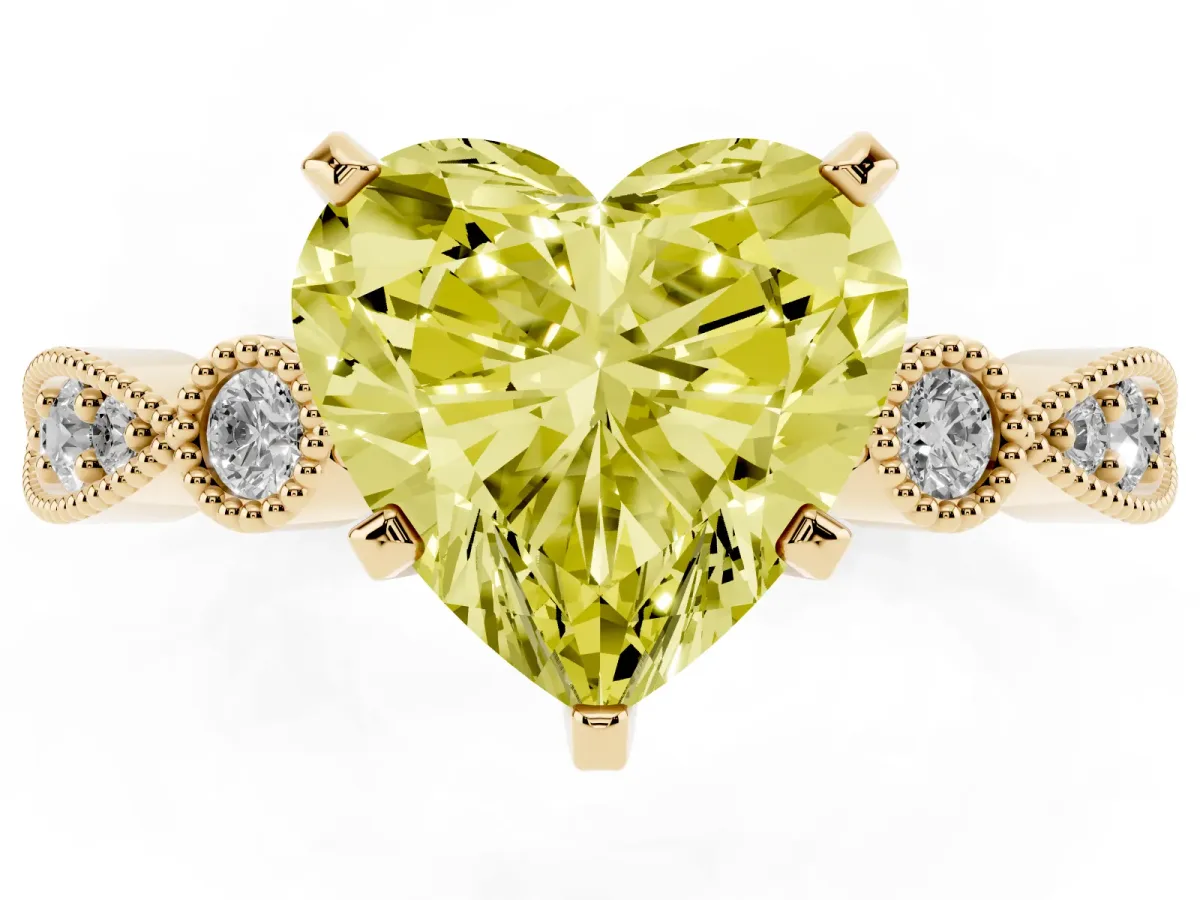 Fancy Yellow Heart Cut Milgrain Bezel Diamond Engagement Ring with Solitaire Prong Setting Yellow gold