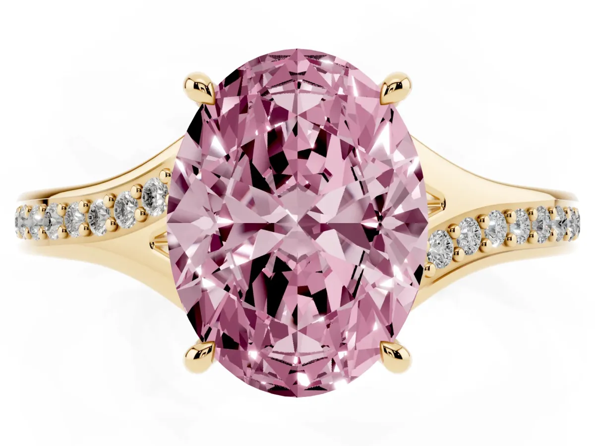 Fancy Pink Oval Cut Diamond Solitaire Ring with Pavé Band and Prong Setting Yellow gold