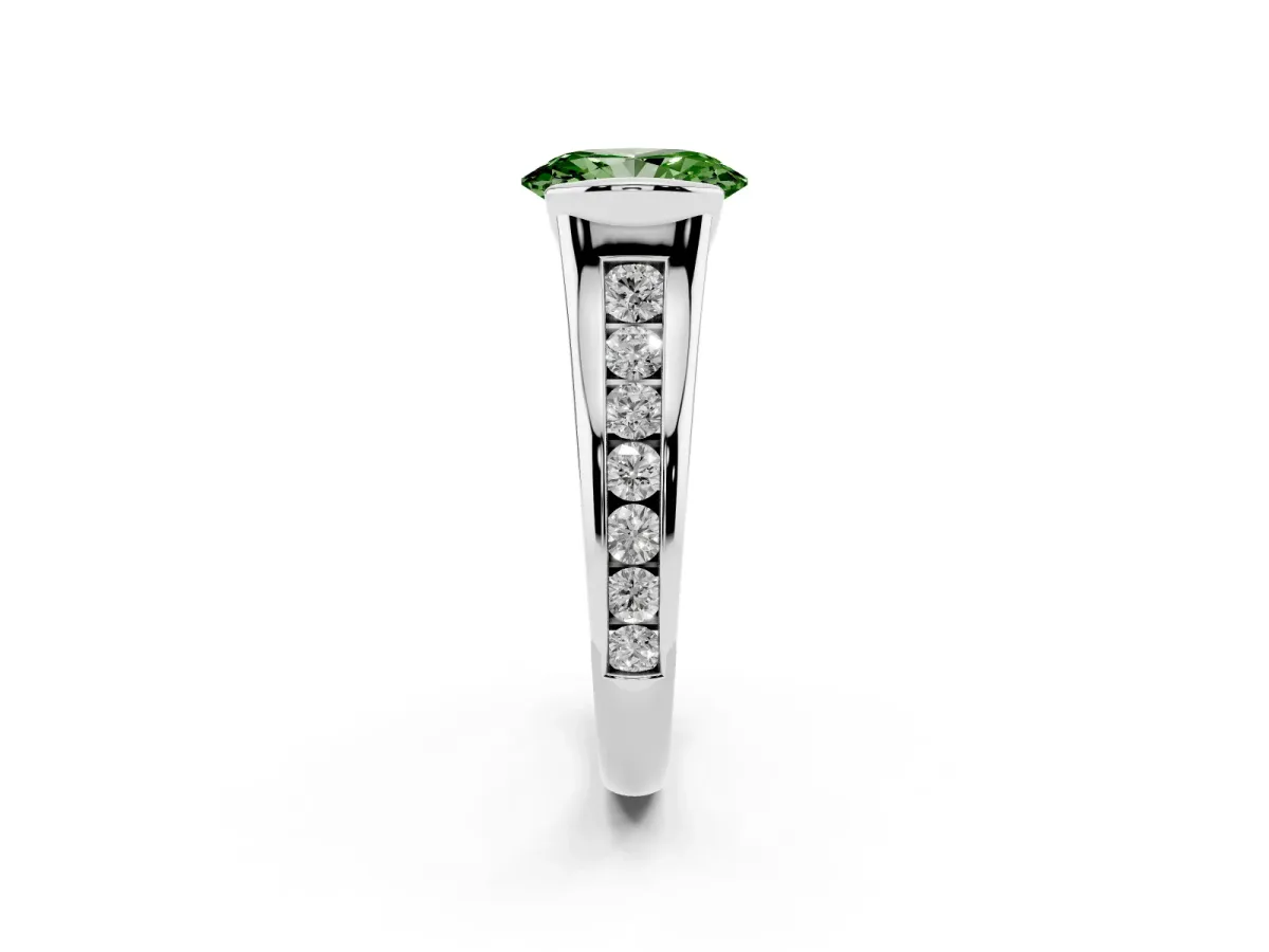 Fancy Green Oval Cut Solitaire Bezel-Set Diamond Ring with Channel-Set Band Silver