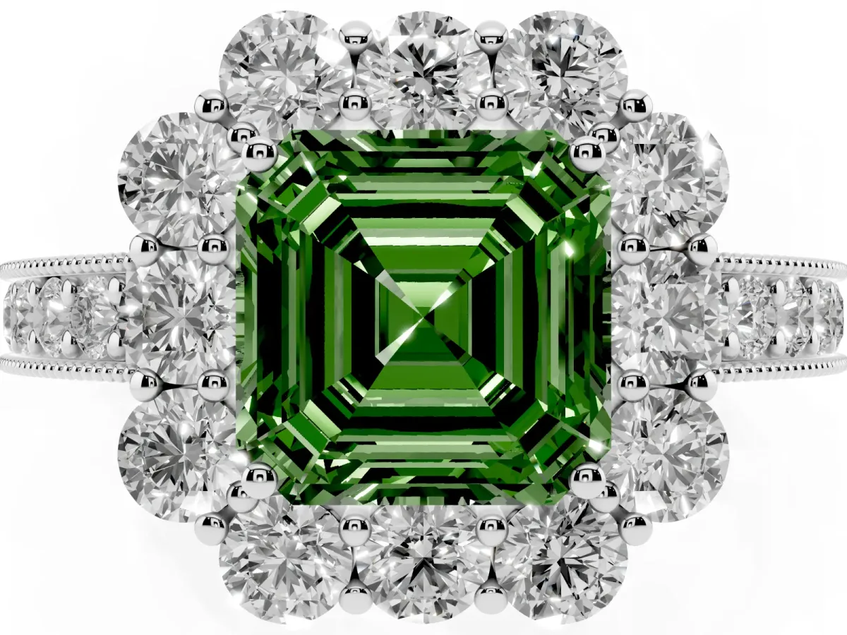Fancy Green Asscher Cut Cut Halo Diamond Pavé Engagement Ring with Milgrain Detailing Platinum