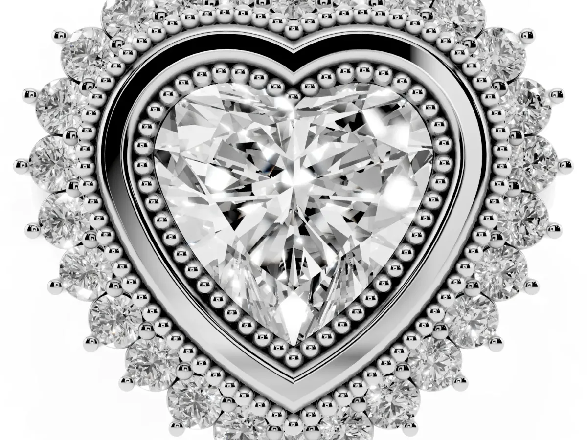 Heart Cut Halo Diamond Ring with Milgrain Edge and Round Prong Setting Silver