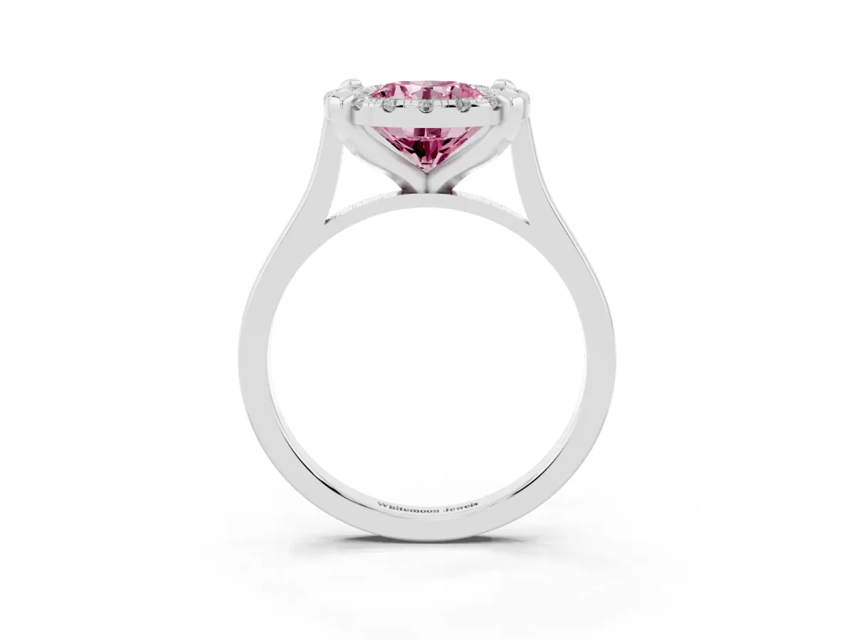 Fancy Pink Round Cut Diamond Cluster Halo Solitaire with Four-Prong Setting Platinum