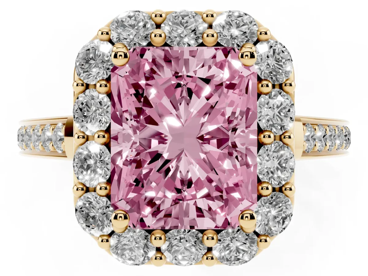 Fancy Pink Radiant Cut Diamond Floral Halo Ring with Pavé Band and Prong Setting Yellow gold