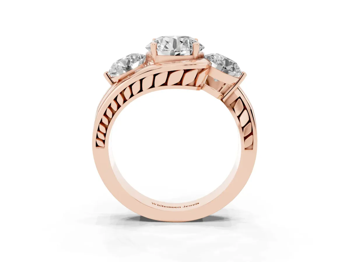 Three-Stone Round Cut Brilliant Split Shank Prong Set Ring Rose gold