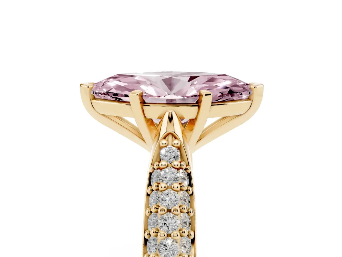 Fancy Pink Marquise Cut Diamond Solitaire Engagement Ring with Multi-Row Round Pavé Band and Prong Setting Yellow gold