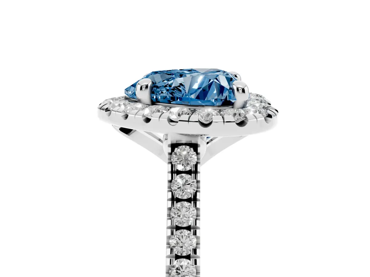 Fancy Blue Heart Cut Diamond Cushion Halo Ring with Pavé Band Silver