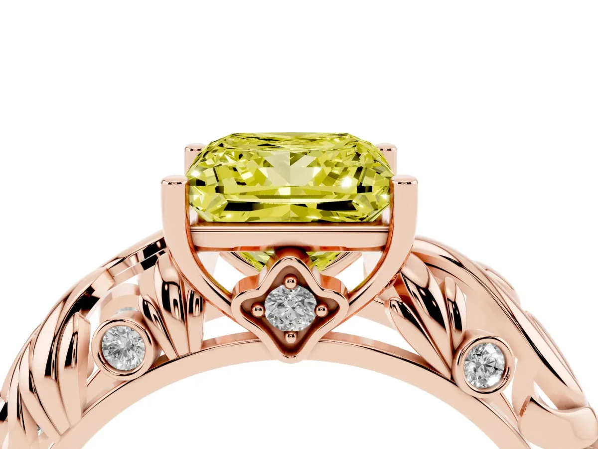Fancy Yellow Princess Cut Solitaire Diamond Leaf-Inspired Vine Band Ring with Prong Setting Rose gold