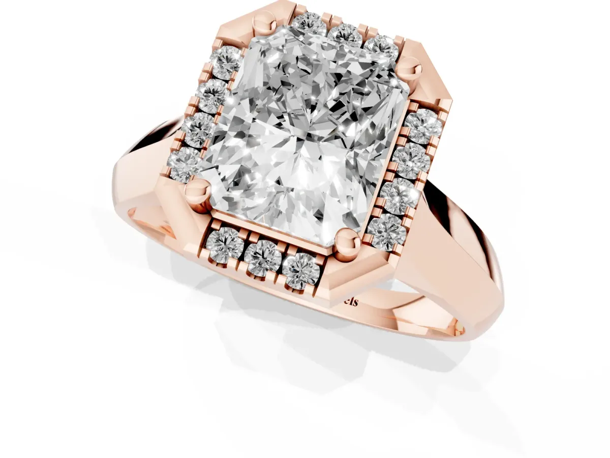 Radiant Cut Cut Halo Solitaire Engagement Ring with Square Band and Four-Prong Setting Rose gold